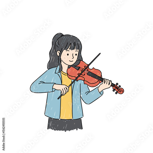 Young girl playing violin and smiling while wearing casual clothes  