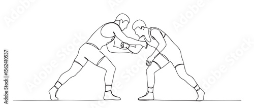 Two athletes engaged in Greco-Roman wrestling in an outlined sketch style