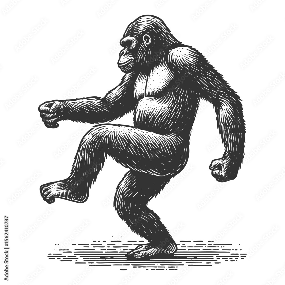 Fototapeta premium gorilla dancing sketch engraving generative ai fictional character vector illustration. Scratch board imitation. Black and white image.