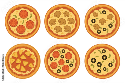 Set of pizza stuffed with mushrooms cheese fish sausages and vegetables vector 