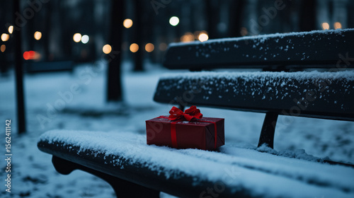 Snowy Park Bench with Christmas Gift Box and Thermos