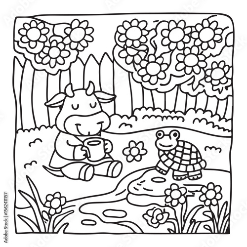 Cozy Cow Moments – Cute and Easy Coloring Page for Adults and Teens | Farm Animal Line Art for Relaxation, cow coloring page, cute, farm animal, easy, adult coloring, line art | Print