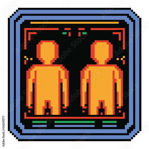 Retro pixel art of two figures inside a futuristic portal or doorway