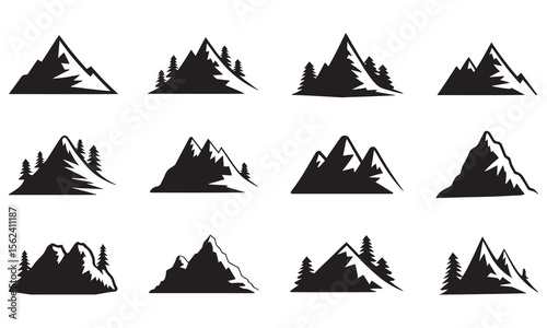 Mountain Silhouettes Collection, Various Mountain Shapes with Trees - Vector Set