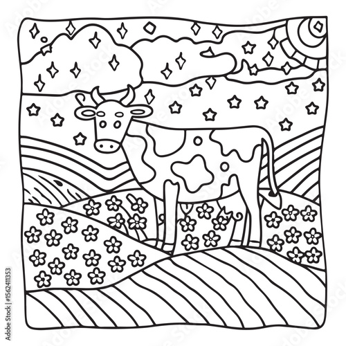 Cozy Cow Moments – Cute and Easy Coloring Page for Adults and Teens | Farm Animal Line Art for Relaxation, cow coloring page, cute, farm animal, easy, adult coloring, line art | Print