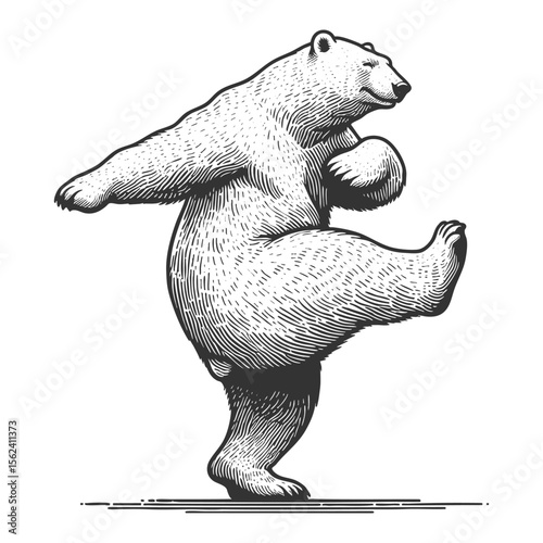 Polar bear dancing sketch engraving generative ai fictional character vector illustration. Scratch board imitation. Black and white image.