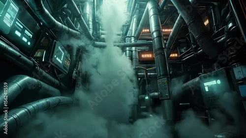 Futuristic industrial chamber filled with rising white steam clouds, complex pipe systems emitting vapor, glowing control panels barely visible through the mist. Concept of technology and industry.