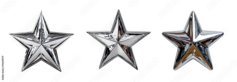 Fototapeta premium Three shiny silver metal stars, isolated on transparent background