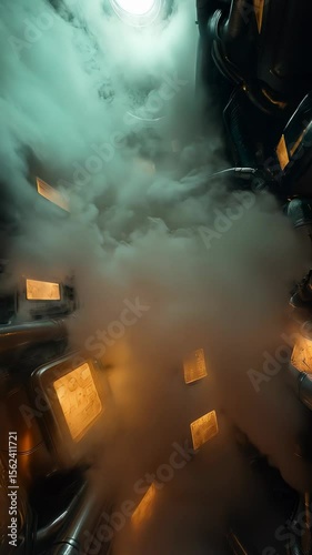 Futuristic industrial chamber filled with rising white steam clouds, complex pipe systems emitting vapor, glowing control panels barely visible through mist. Concept technology and industry. Vertical