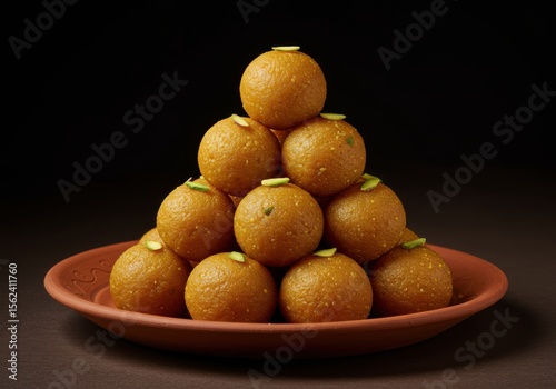 A stack of golden besan laddu sweets garnished with pistachios on a terracotta plate