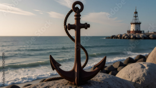 Rusty Anchor on Rocky Beach with Lighthouse over Ocean at Sunset