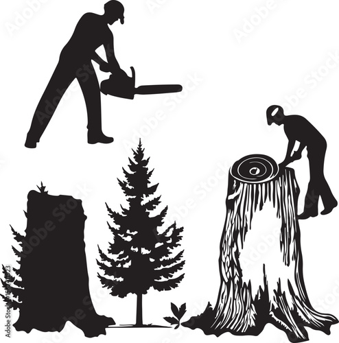 Lumberjack with chainsaw and tree stumps logging