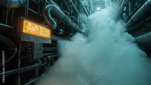 Futuristic industrial chamber filled with rising white steam clouds, complex pipe systems emitting vapor, glowing control panels barely visible through the mist. Concept of technology and industry.