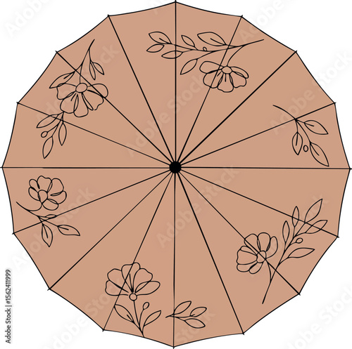 Floral patterned umbrella top view vector illustration with beige and black colors 