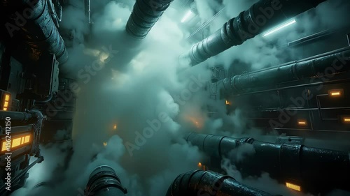 Futuristic industrial chamber filled with rising white steam clouds, complex pipe systems emitting vapor, glowing control panels barely visible through the mist. Concept of technology and industry.