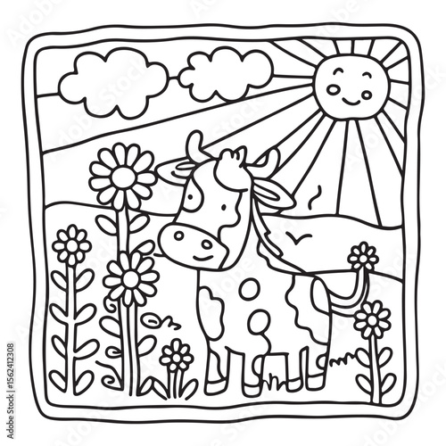 Cozy Cow Moments – Cute and Easy Coloring Page for Adults and Teens | Farm Animal Line Art for Relaxation, cow coloring page, cute, farm animal, easy, adult coloring, line art | Print