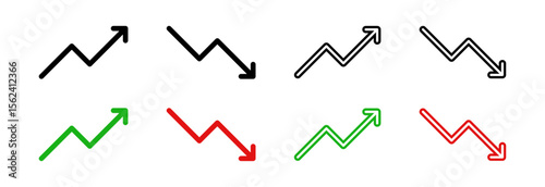 Trend or Green upward and red downward arrows representing growth decline financial trend market movement business success loss investment economics strategy direction change