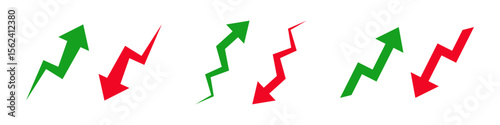 Trend or Green upward and red downward arrows representing growth decline financial trend market movement business success loss investment economics strategy direction change