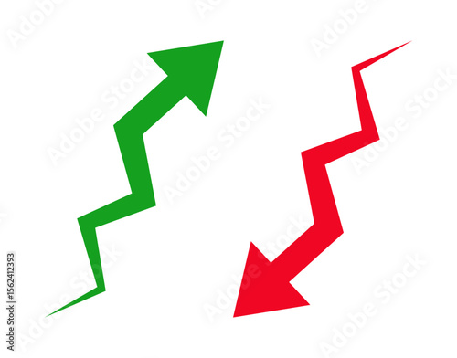 Trend or Green upward and red downward arrows representing growth decline financial trend market movement business success loss investment economics strategy direction change
