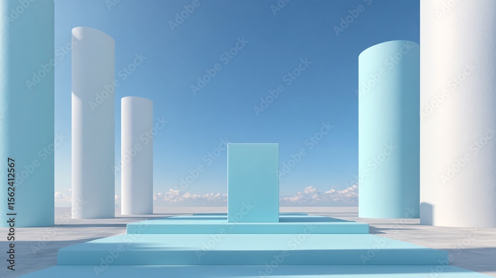 Fototapeta premium Serene Outdoor Display with Blue Pedestal and Cylindrical Columns Against Blue Sky