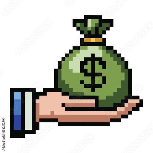 Pixel art hand holding a money bag with a dollar sign