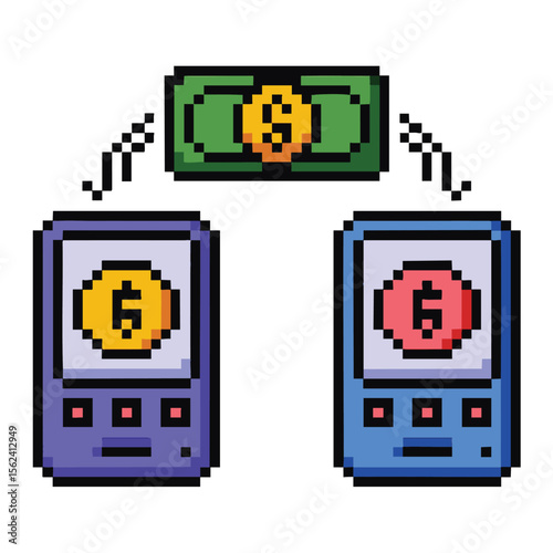 Pixel art illustration of money transfer between two mobile phones