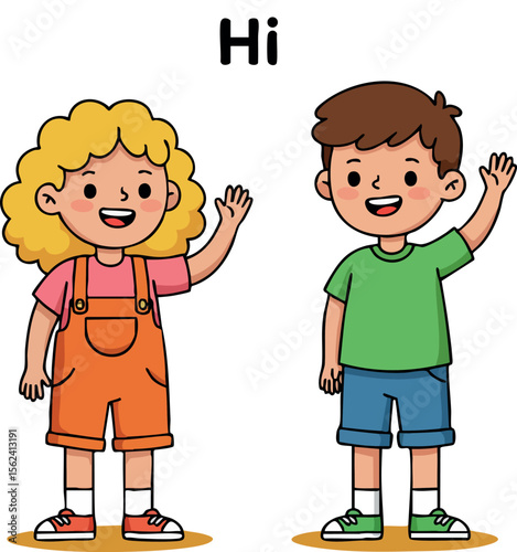 Two children waving and greeting with hi text in casual clothes vector illustration 