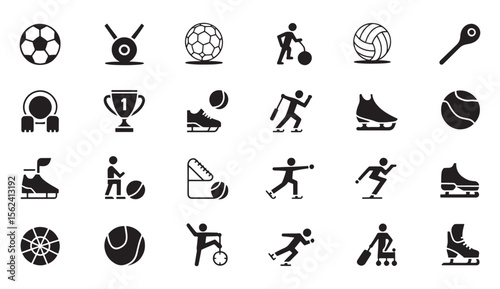 Sports Icons Collection, Ball, Trophy, Skating, and Athlete Pictograms - Vector Set