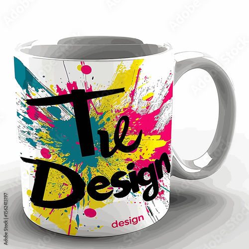 A coffee mug with text "design"