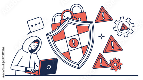 Cybersecurity threat: Hooded figure on laptop,  red warning signs,  protected by a shield with padlocks,  illustrative line art style,  urgent and cautionary mood.