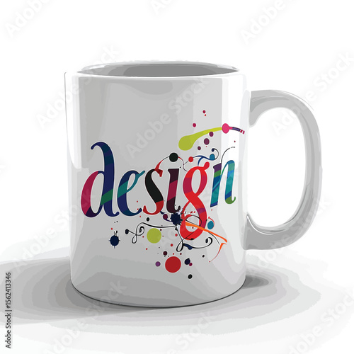 A coffee mug with text "design"