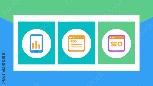 Modern SEO Marketing Strategy: Mobile Analytics, Website Optimization, and Search Engine Results; Vibrant Flat Design; Positive and Upbeat Mood.