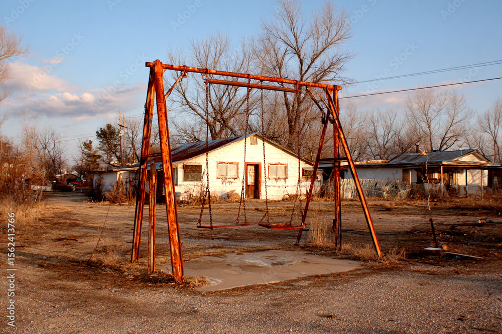 Fototapeta premium Rusty Swing Set Behind a Diner