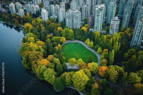 Exploring the vibrant greenery of Stanley Park against the urban backdrop of Vancouver, aerial view of stanley park in vancouver