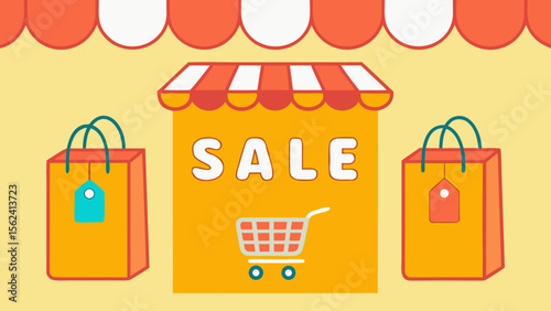 Happy Shopping Sale: Cheerful Cartoon Shopfront with Shopping Bags and Price Tags, Bright Yellow and Orange Color Scheme, Playful and Upbeat Mood, Ideal for Retail and E-commerce Advertising.