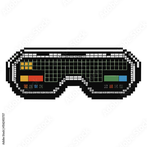 Retro pixel art digital display glasses with colorful buttons and grid interface