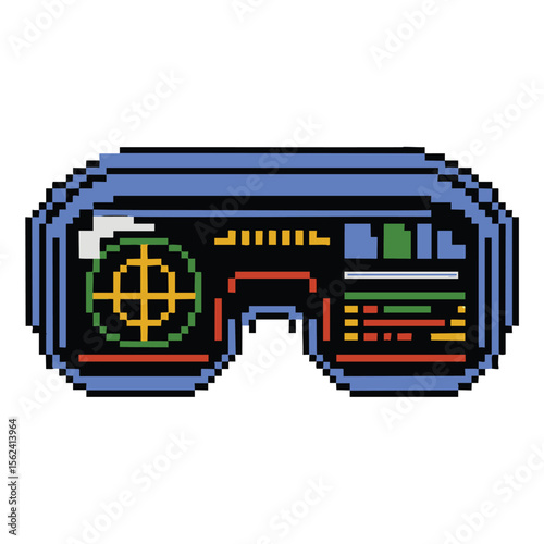 Retro pixel art of futuristic digital hud glasses with crosshair and data displays
