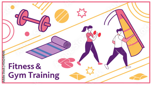 Modern Fitness Illustration:  Active Young Couple Exercising,  Gym Equipment,  Flat Line Art Style,  Vibrant Color Palette,  Positive and Energetic Mood,  Ideal for Health and Wellness Marketing.