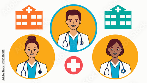 Diverse Healthcare Team: Smiling Doctors and Hospital Icons, Flat Design, Positive and Approachable Mood, Ideal for Medical Websites, Brochures, and Health Insurance Materials.