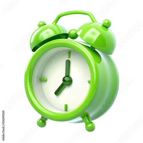 Green alarm clock 3d rendering isolated on transparent background