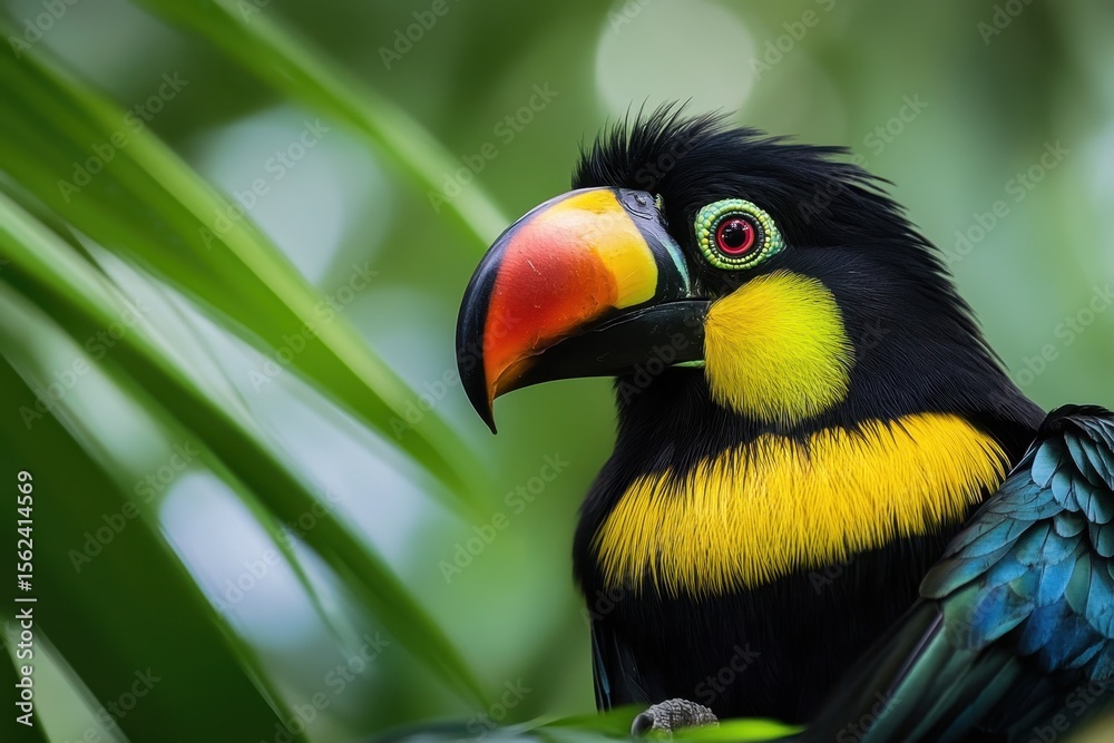 Fototapeta premium Vibrant wild bird observes surroundings with curiosity in lush tropical setting, beautiful wild bird looks around with interest