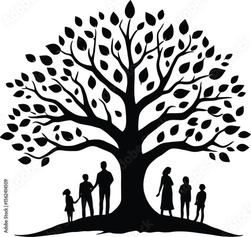 United Family Silhouette Scene Featuring Tree of Life and Generational Figures Beneath Branches