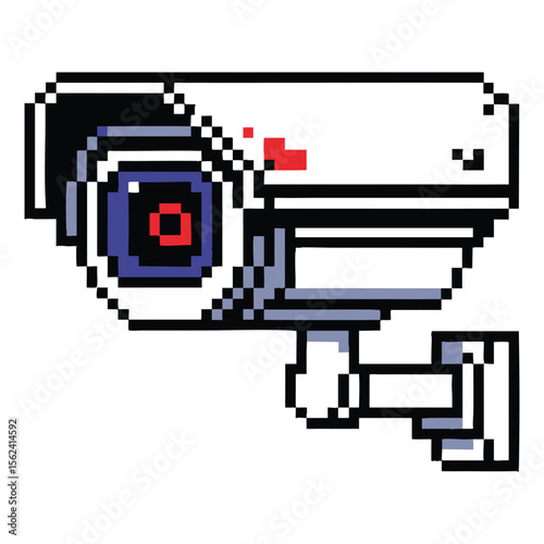 Pixel art security camera with red and blue eye on white background