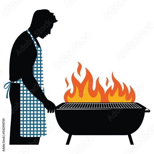 Man in apron grilling food on barbecue silhouette