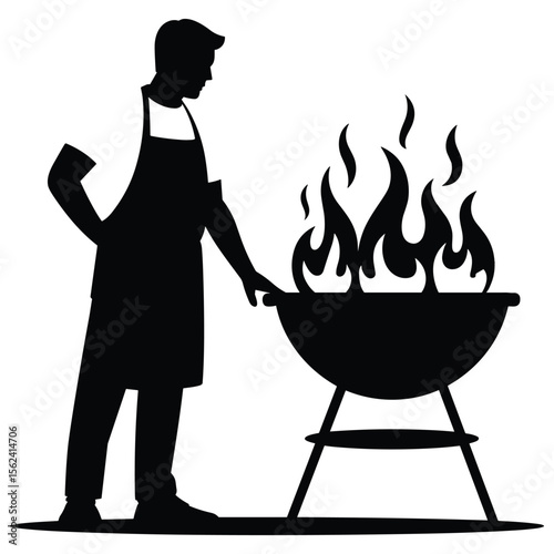 Man in apron grilling food on a barbecue with flames silhouette