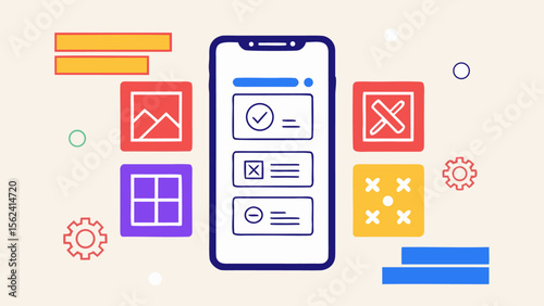 Modern Smartphone App UI Design:  Clean, Colorful Flat Style Icons Illustrating User Interface Options,  Successful and Unsuccessful Actions,  Settings, and Content Management.