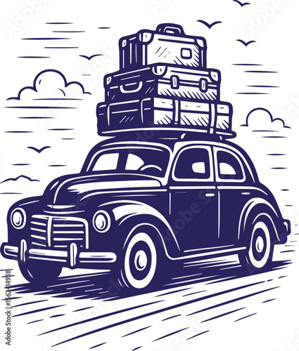 Vintage car with luggage on roof in retro travel line art style