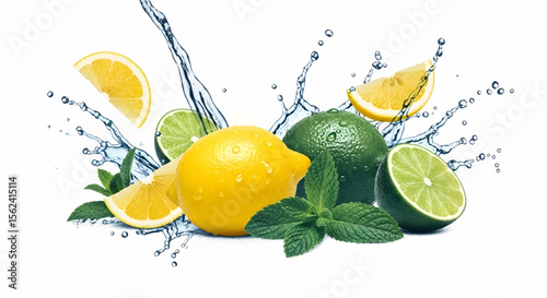 Dynamic Citrus Splash with Halftone Lemons, Limes, and Mint on White Background