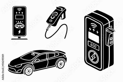 Electric car charging station and vehicle isolated on white background