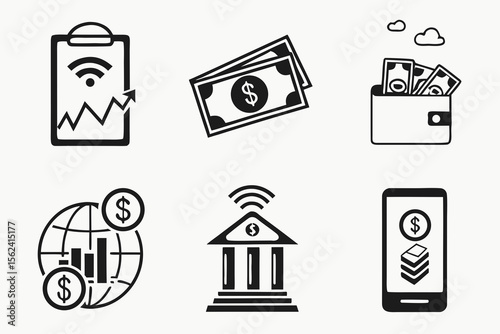 Financial icons representing banking and investment on white background